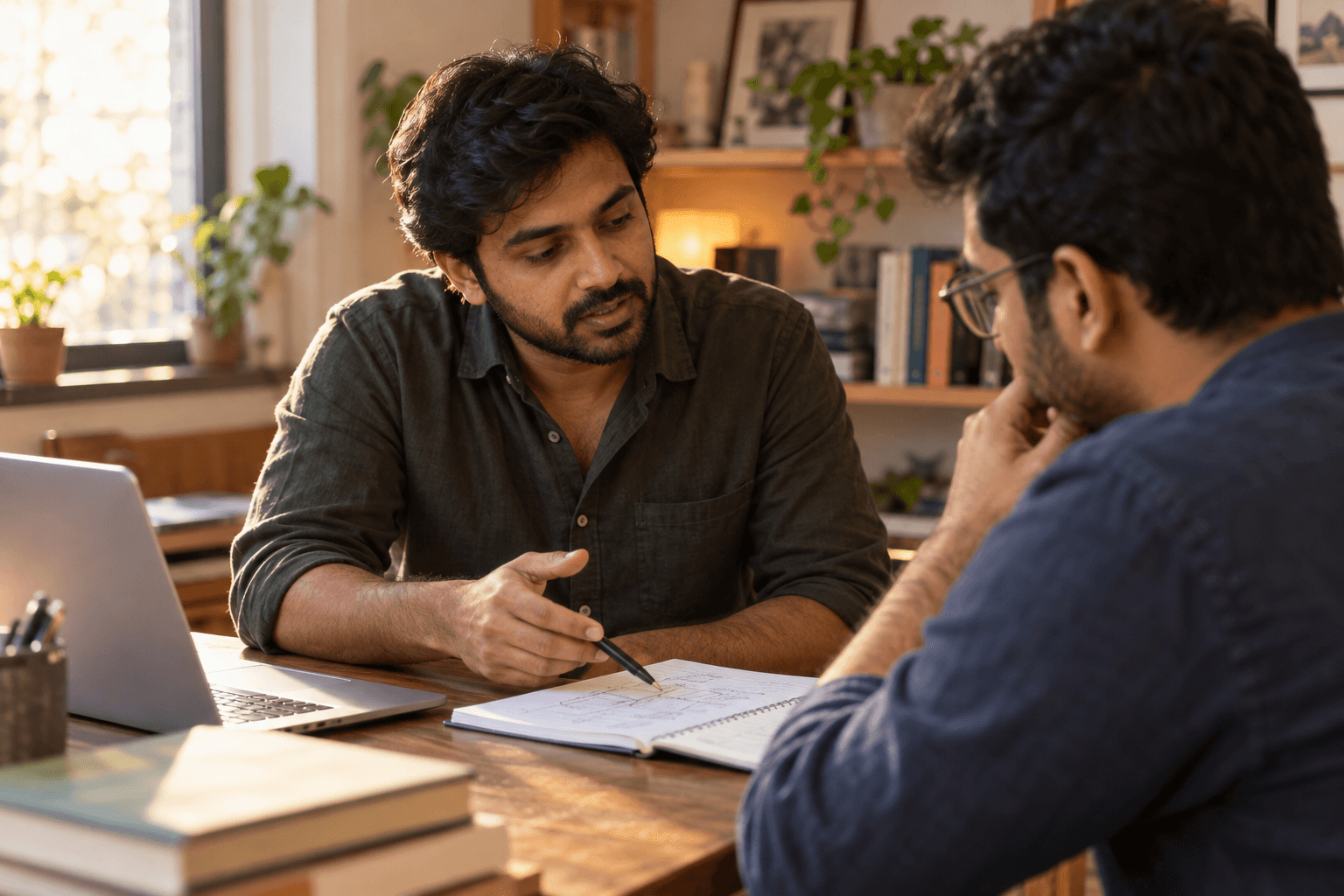 A focused one-to-one learning conversation at a desk.